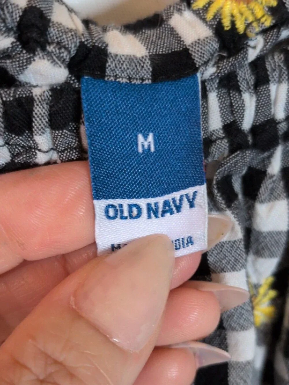 Old Navy Black & White Gingham Puff-Sleeve Top with Yellow Floral Embroidery